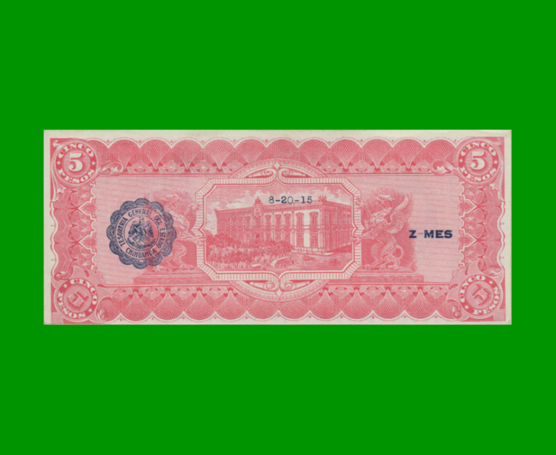 BILLETE DE MEXICO, CHIHUAHUA $5,00 PICK S532A, AÑO 1915, ESTADO SIN CIRCULAR.- - Imagen 2