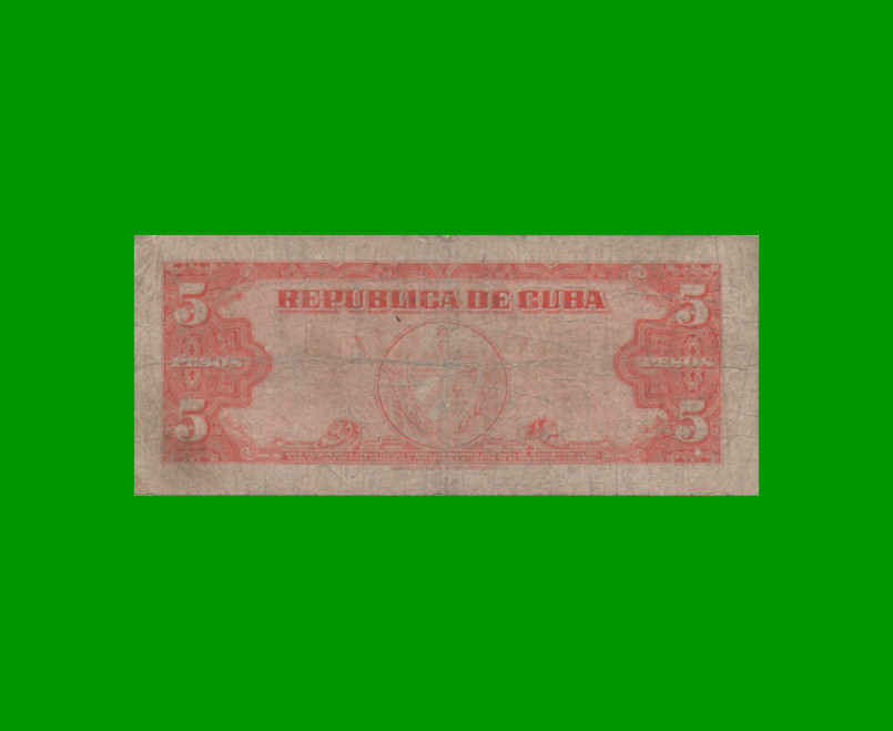 BILLETE DE CUBA $5,00 PICK 78a, AÑO 1949, ESTADO BUENO.- - Imagen 2