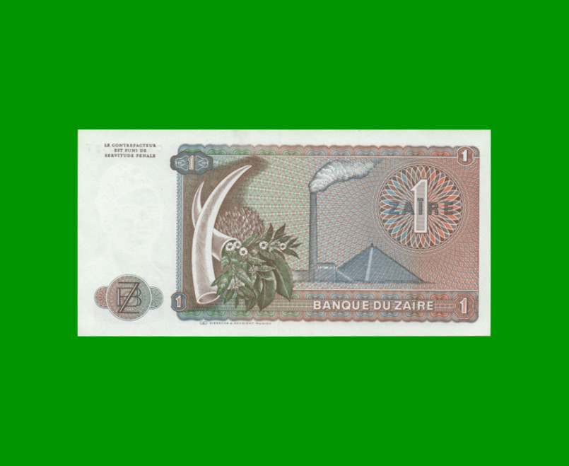 BILLETE DE ZAIRE 1 ZAIRE, PICK 19a, AÑO 1979, ESTADO SIN CIRCULAR.- - Imagen 2