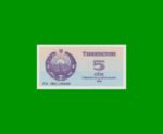BILLETE DE UZBEKISTAN 5 SUM, PICK 63, AÑO 1992, ESTADO SIN CIRCULAR.-