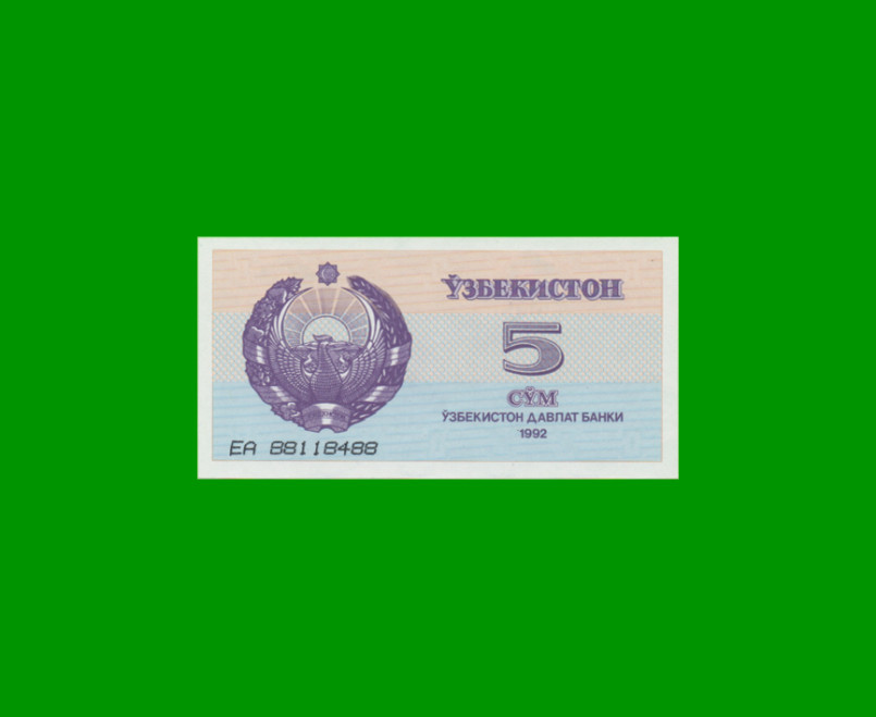 BILLETE DE UZBEKISTAN 5 SUM, PICK 63, AÑO 1992, ESTADO SIN CIRCULAR.-