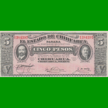 BILLETE DE MEXICO, CHIHUAHUA $5,00 PICK S532A, AÑO 1915, ESTADO SIN CIRCULAR.-