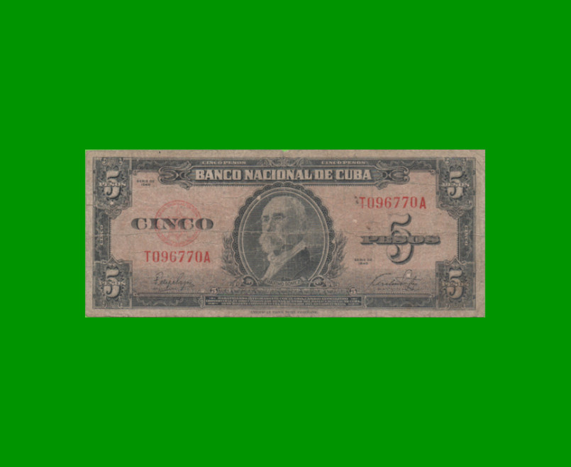 BILLETE DE CUBA $5,00 PICK 78a, AÑO 1949, ESTADO BUENO.-