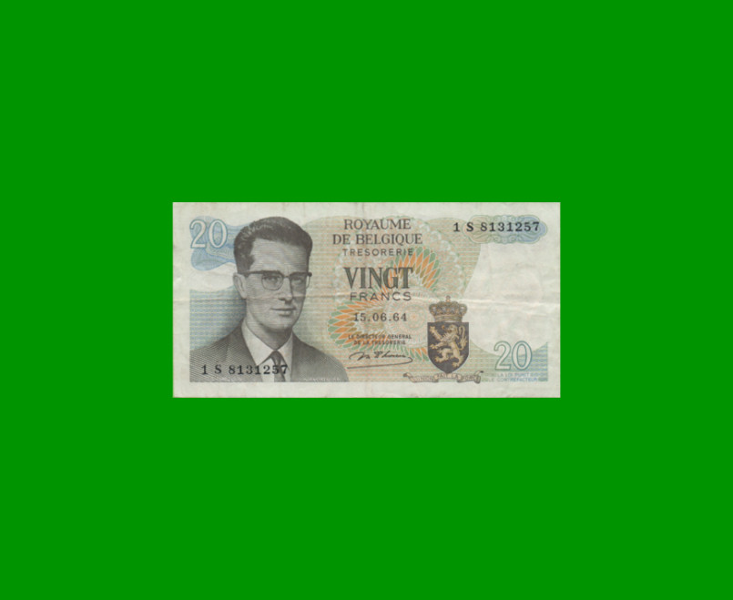 BILLETE DE BELGICA 20 FRANCOS, PICK 138, AÑO 1964 ESTADO MUY BUENO.-