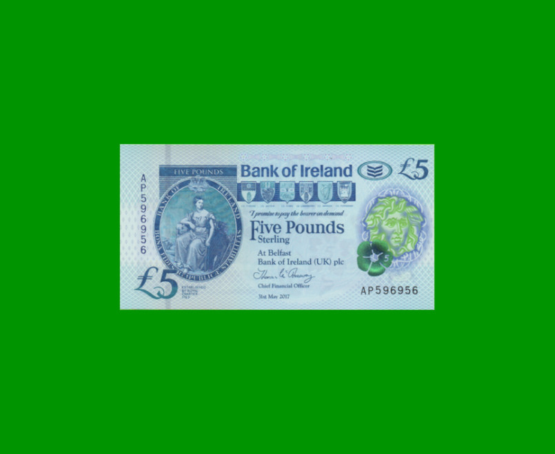 BILLETE DE IRLANDA DEL NORTE 5 LIBRAS, POLYMERO, PICK NEW AÑO 2017 ESTADO SIN CIRCULAR.-