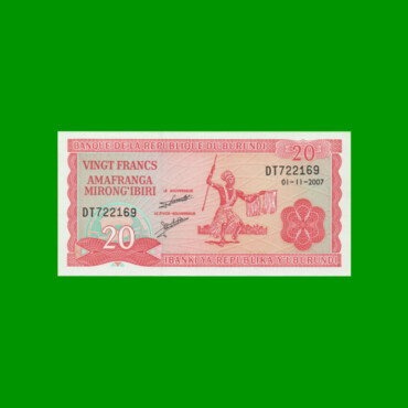 BILLETE DE BURUNDI 20 FRANCOS, PICK 27d, AÑO 2007 ESTADO SIN CIRCULAR.-