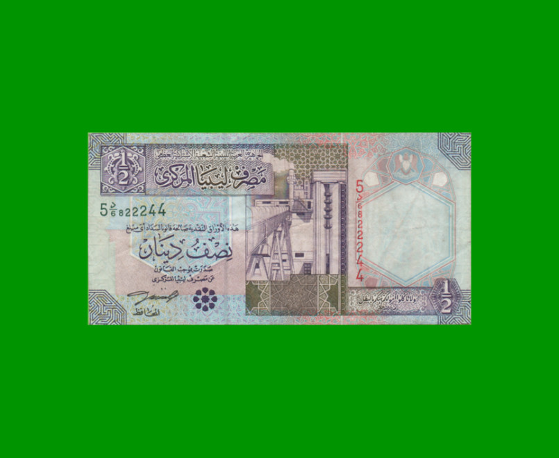 BILLETE DE LIBYA 1/2 DINAR, PICK 63, AÑO 2002 ESTADO MUY BUENO.-