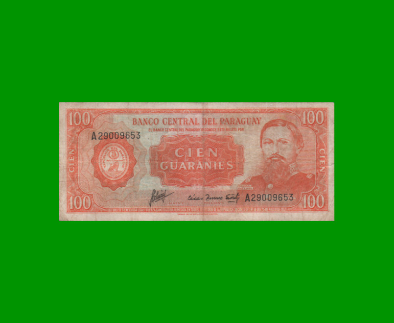 BILLETE DE PARAGUAY 100 GUARANIES, PICK 199b, ESTADO MUY BUENO- .-