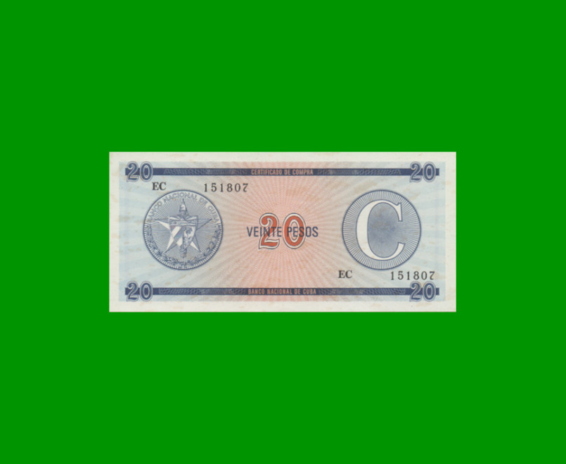 BILLETE DE CUBA $20,00 PICK FX23, SERIE C, ESTADO SIN CIRCULAR.-