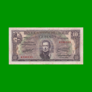 BILLETE DE URUGUAY $10,00, PICK 37d, SERIE D, ESTADO MUY BUENO- .-