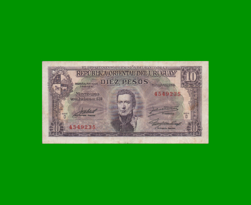 BILLETE DE URUGUAY $10,00, PICK 37d, SERIE D, ESTADO MUY BUENO- .-