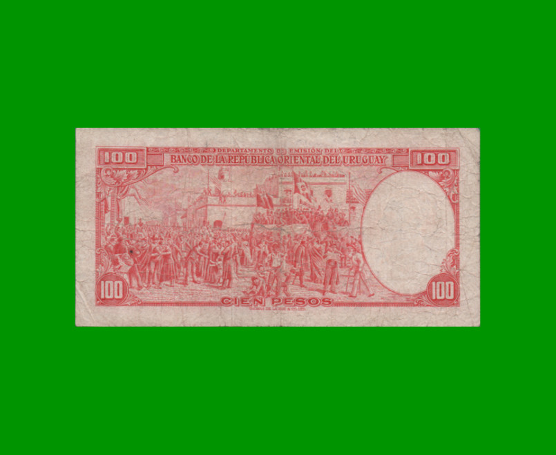 BILLETE DE URUGUAY $100,00, PICK 39c, SERIE D, ESTADO BUENO.- - Imagen 2