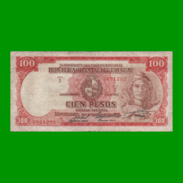 BILLETE DE URUGUAY $100,00, PICK 39c, SERIE D, ESTADO BUENO.-