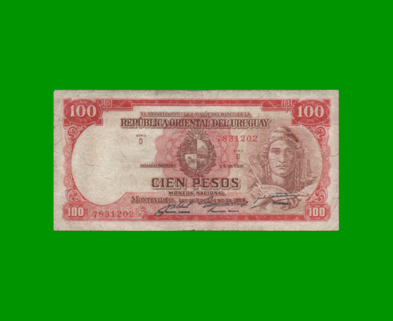 BILLETE DE URUGUAY $100,00, PICK 39c, SERIE D, ESTADO BUENO.-