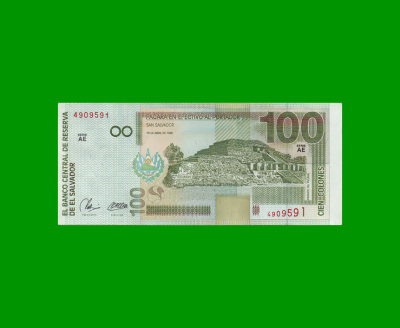 BILLETE DE EL SALVADOR 100 COLONES, PICK 157, AÑO 1999 ESTADO EXCELENTE+.- - Imagen 2