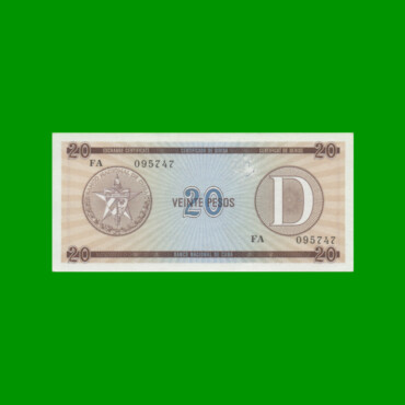 BILLETE DE CUBA $20,00 PICK FX36, SERIE D, ESTADO SIN CIRCULAR.-