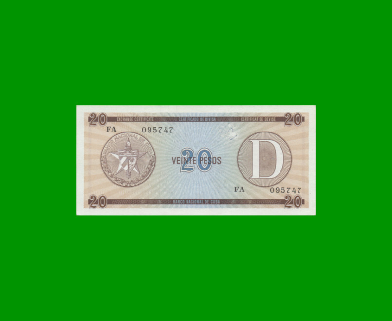 BILLETE DE CUBA $20,00 PICK FX36, SERIE D, ESTADO SIN CIRCULAR.-