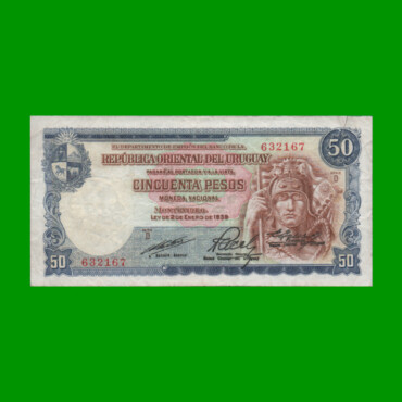 BILLETE DE URUGUAY $50,00, PICK 42Ab, SERIE D, ESTADO MUY BUENO- .-