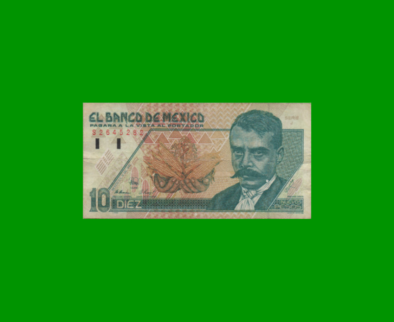 BILLETE DE MEXICO $10,00 NUEVOS PESOS, PICK 99, AÑO 1992, ESTADO BUENO+.-