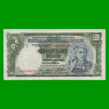BILLETE DE URUGUAY $500,00, PICK 44b, SERIE D, ESTADO MUY BUENO.-