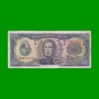 BILLETE DE URUGUAY $50,00, PICK 46, AÑO 1967, SERIE A, ESTADO MUY BUENO- .-