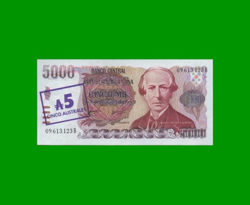 PESOS ARGENTINOS $5.000,00 RESELLADO A 5 AUSTRALES, BOT 2703, AÑO 1985, ESTADO EXCELENTE+.-