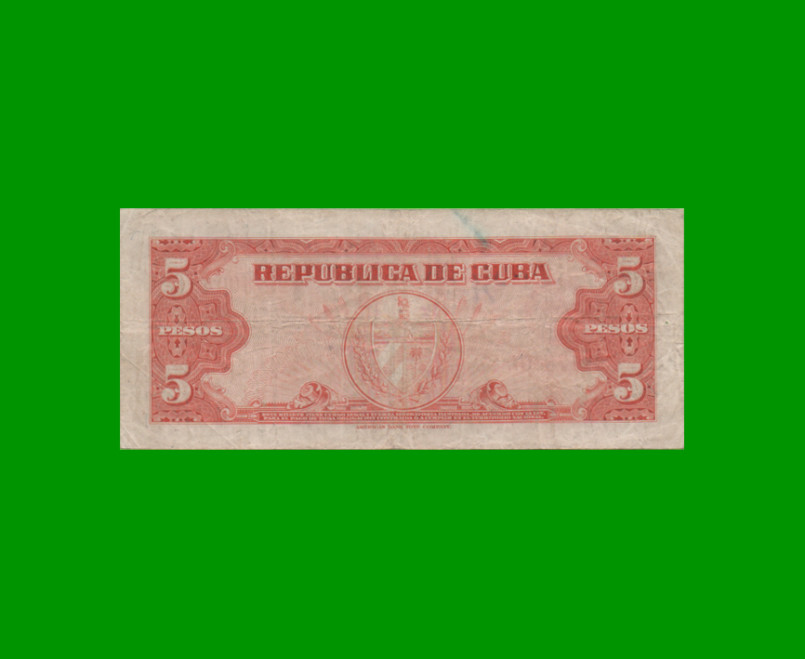 BILLETE DE CUBA $5,00 PICK 78b, AÑO 1950, ESTADO BUENO+.- - Imagen 2