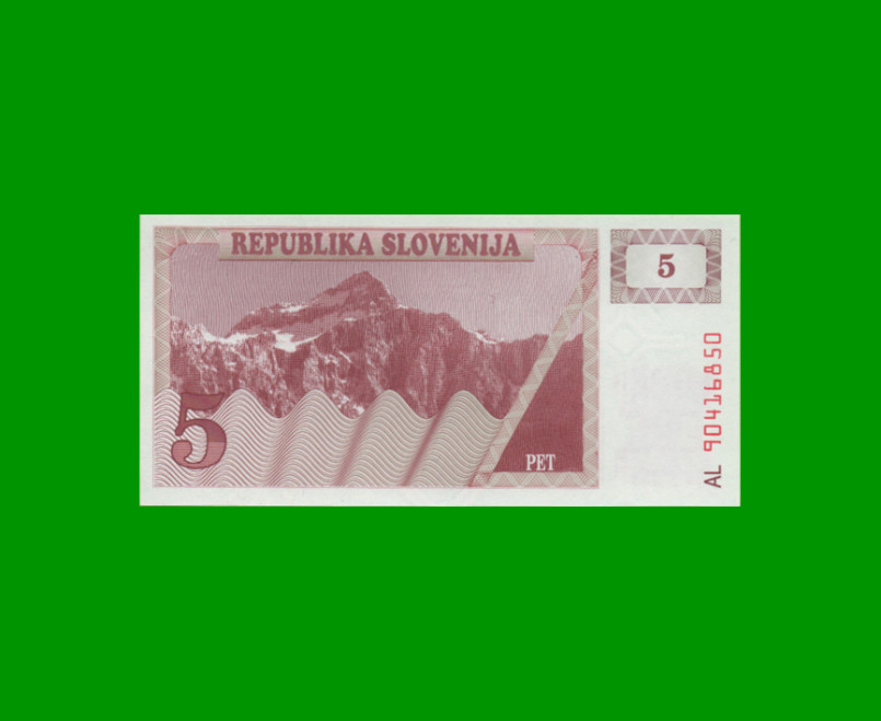 BILLETE DE ESLOVENIA 5 TOLARJEV, PICK 3, AÑO 1990 ESTADO SIN CIRCULAR.- - Imagen 2