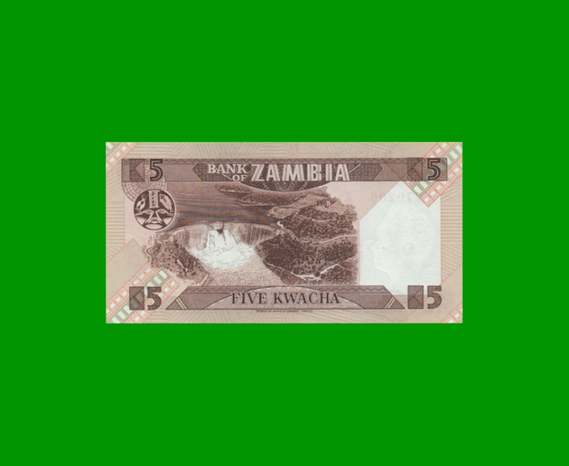 BILLETE DE ZAMBIA 5 KWACHA, PICK 25d, AÑO 1980/1988, ESTADO SIN CIRCULAR.- - Imagen 2