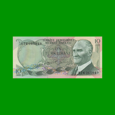 BILLETE DE TURQUIA 10 LIRAS, PICK 186, AÑO L. 1970 (1975), ESTADO EXCELENTE+ .-