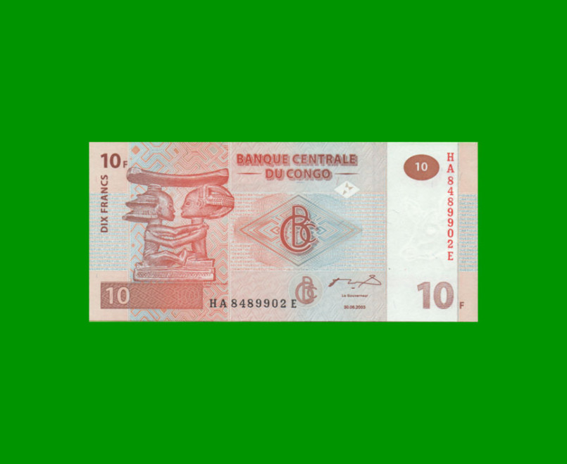 BILLETE DE CONGO 10 FRANCOS, PICK 93, AÑO 2003, ESTADO SIN CIRCULAR.-