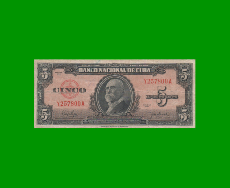 BILLETE DE CUBA $5,00 PICK 78b, AÑO 1950, ESTADO BUENO+.-