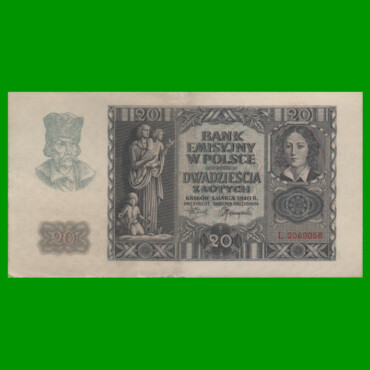 BILLETE DE POLONIA 20 ZLOTYCH, PICK 95 AÑO 1940, ESTADO EXCELENTE.-