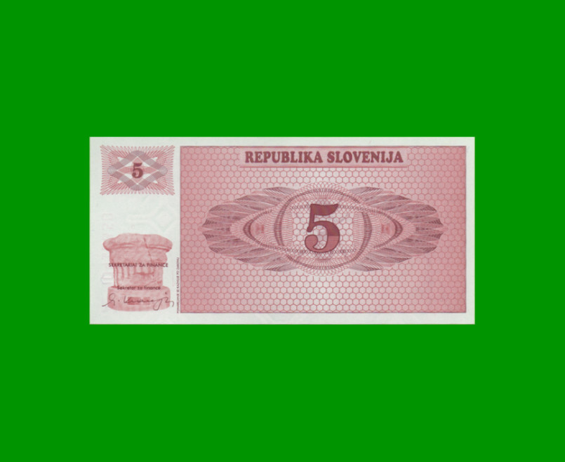 BILLETE DE ESLOVENIA 5 TOLARJEV, PICK 3, AÑO 1990 ESTADO SIN CIRCULAR.-