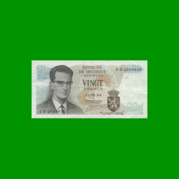 BILLETE DE BELGICA 20 FRANCOS, PICK 138, AÑO 1964 ESTADO MUY BUENO+.-
