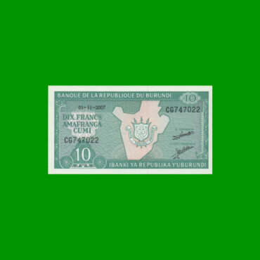 BILLETE DE BURUNDI 10 FRANCOS, PICK 33e, AÑO 2007 ESTADO SIN CIRCULAR.-