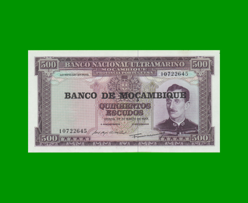 BILLETE DE MOZAMBIQUE 500 ESCUDOS RESELLADO, PICK 118a, ESTADO SIN CIRCULAR.-