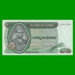 BILLETE DE ZAIRE 5 ZAIRES, PICK 21b, AÑO 1977, ESTADO EXCELENTE+ .-