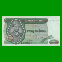 BILLETE DE ZAIRE 5 ZAIRES, PICK 21b, AÑO 1977, ESTADO EXCELENTE+ .-