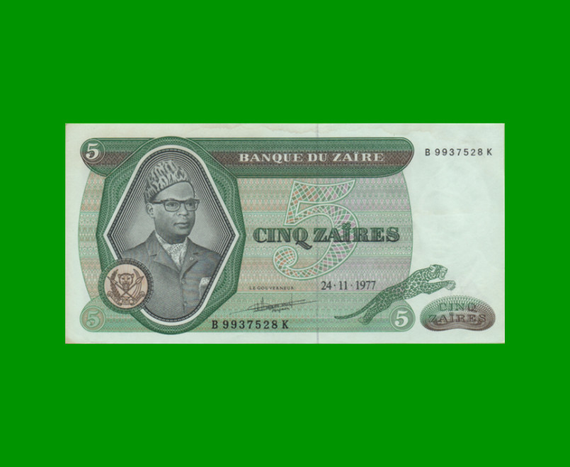 BILLETE DE ZAIRE 5 ZAIRES, PICK 21b, AÑO 1977, ESTADO EXCELENTE+ .-