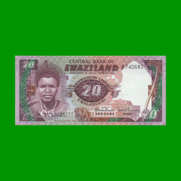 BILLETE DE SWAZILAND 20 EMALANGENI, PICK 12, AÑO 1986 ESTADO SIN CIRCULAR.-
