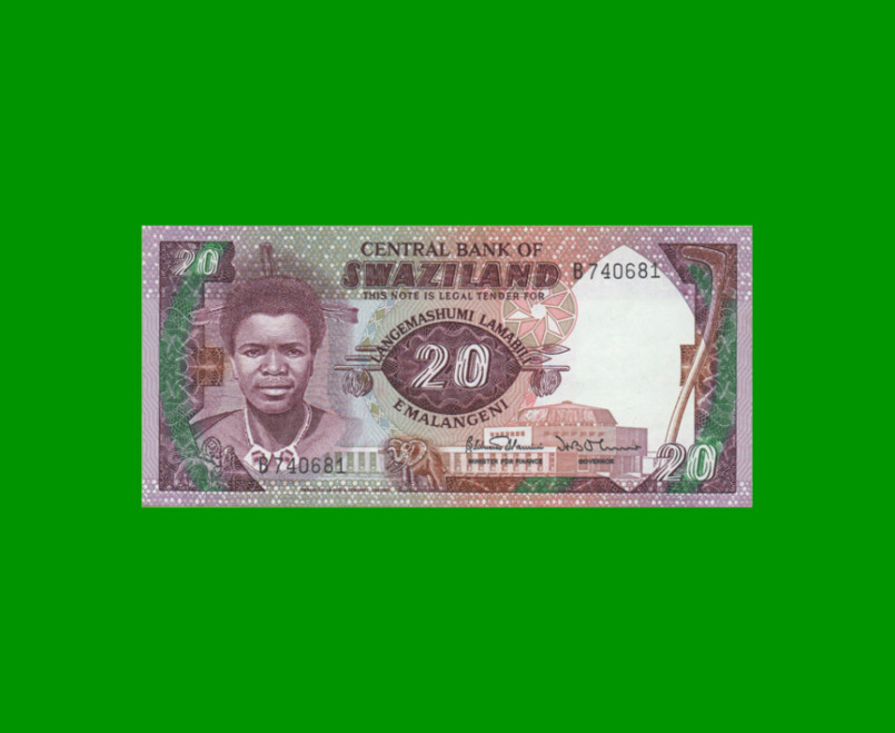 BILLETE DE SWAZILAND 20 EMALANGENI, PICK 12, AÑO 1986 ESTADO SIN CIRCULAR.-