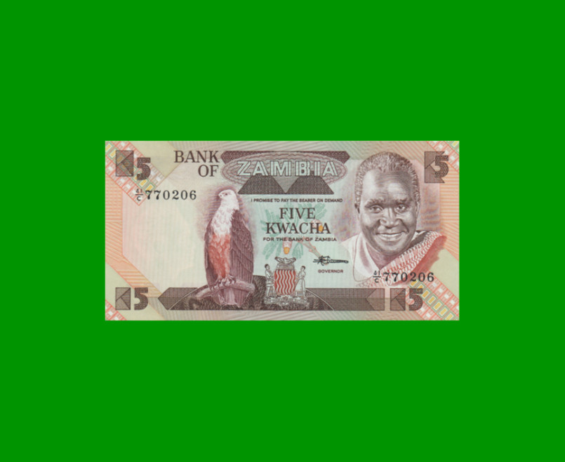 BILLETE DE ZAMBIA 5 KWACHA, PICK 25d, AÑO 1980/1988, ESTADO SIN CIRCULAR.-