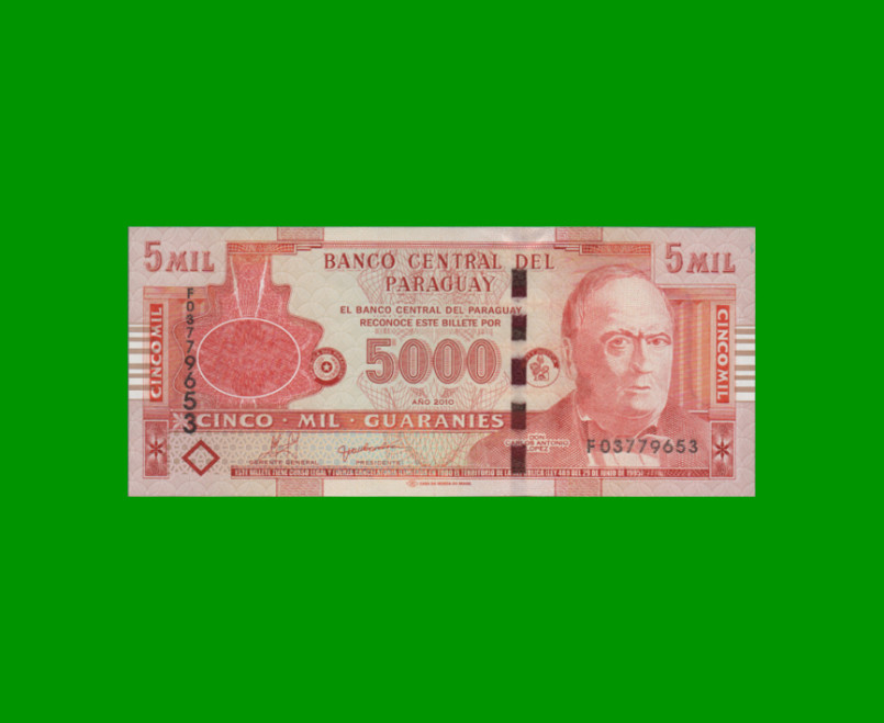 BILLETE DE PARAGUAY 5.000 GUARANIES, PICK 223c, AÑO 2010, ESTADO SIN CIRCULAR.-