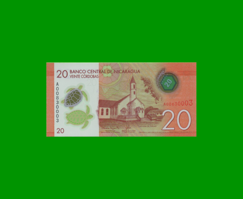 BILLETE DE NICARAGUA 20 CORDOBAS, POLYMERO, PICK 210, ESTADO SIN CIRCULAR.-