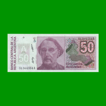BILLETE DE AUSTRALES, 50 AUSTRALES, BOT 2832, AÑO 1989, ESTADO SIN CIRCULAR.-