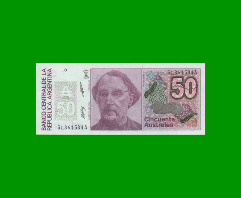 BILLETE DE AUSTRALES, 50 AUSTRALES, BOT 2832, AÑO 1989, ESTADO SIN CIRCULAR.-