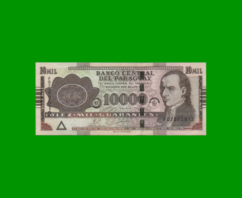 BILLETE DE PARAGUAY 10.000 GUARANIES, PICK 224d, AÑO 2010, ESTADO SIN CIRCULAR.-