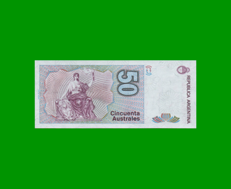 BILLETE DE AUSTRALES, 50 AUSTRALES, BOT 2834, AÑO 1989, ESTADO SIN CIRCULAR.- - Imagen 2