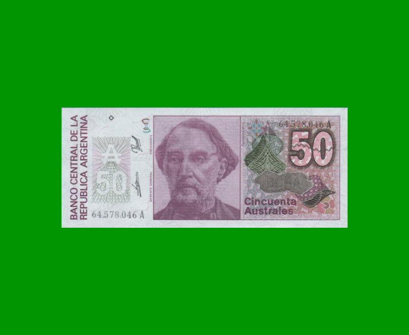 BILLETE DE AUSTRALES, 50 AUSTRALES, BOT 2834, AÑO 1989, ESTADO SIN CIRCULAR.-